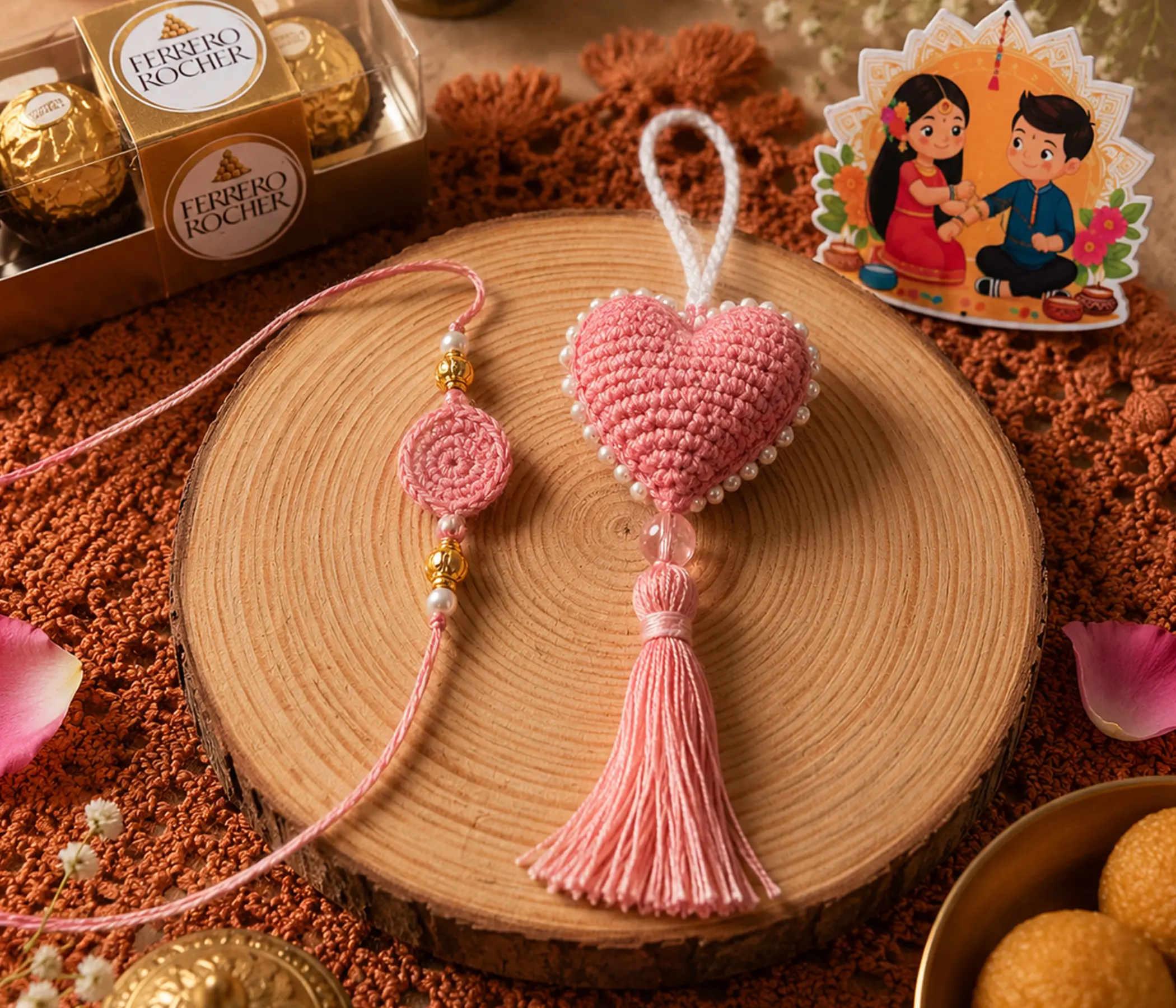 Handmade Pink Crochet Heart Rakhi | Heart Design Rakhadi for Brother | Elegant Raksha Bandhan Rakhi